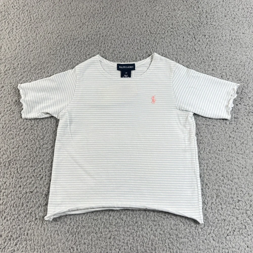 Ralph Lauren Striped T-Shirt Girls 4T Light Blue White Lettuce Trim‎ Logo Tee